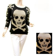 Bold Skull Elevate This Luxe Metallic Pullover Designed With A Classic Fit To Get You Through The Day In Comfort. Details: Designed In Paris Approx. Bust 42.0" (M/L) Theme: Gothic Steampunk Crewneck Pullover Long Sleeve Knit With Metallic Gold Cotton Blend Imported Women's Clothing Sku: 1022-Md10-Blkgld-Asr124hm-8.9 Barbie Sweatshirt, Tie Front Sweater, Skull Sweater, Gold Skull, Gothic Steampunk, American Eagle Sweater, Gothic Punk, Open Knit Sweater, Plus Size Sweaters