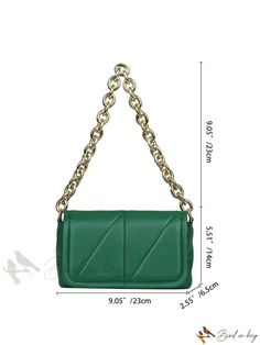 Bird in Bag - Fashionable Shoulder Bag for Women with Chain and Embroidery Detail in Dark Green Color Fashion Crossbody Bag With Chain Strap, Green Rectangular Baguette Bag With Gold-tone Hardware, Trendy Gold Flap Clutch Bag, Green Shoulder Bag With Chain Strap As Gift, Elegant Green Satchel With Chain Strap, Green Satchel With Chain Strap, Green Shoulder Satchel With Chain Strap, Trendy Clutch Shoulder Bag With Gold Chain, Chic Green Shoulder Bag With Chain