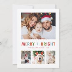 a merry and bright holiday card with pictures of family, dog, and christmas tree