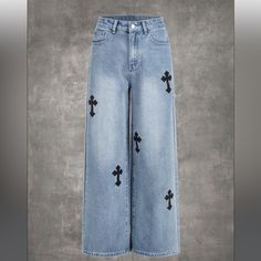 Very Trendy Wide Leg Crucifix All Over Jeans No Stretch Punk Jeans, Black Flare Jeans, Black Cargo Pants, Black Flare, High Waisted Flares, Grunge Punk, Flare Leg Jeans, Printed Jeans, Wide Jeans