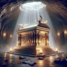 an image of a statue in the middle of a cave with light coming from it