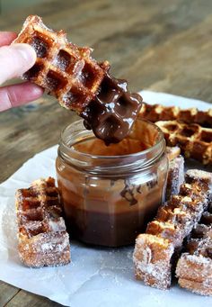 the process for making homemade waffles is being made with chocolate and marshmallows