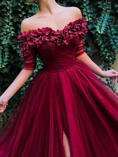 Sleeves Off-The-Shoulder Sweep/Brush Train With Ruffles Tulle Dresses - Prom Dresses Ruffle Tulle Dress, Robes D'occasion, Floral Prom Dresses, Prom Dresses With Pockets, Tulle Gown, Long Prom Dress, Formal Evening Dresses, Prom Party Dresses, Prom Gown