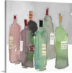 a painting of wine bottles with labels on them