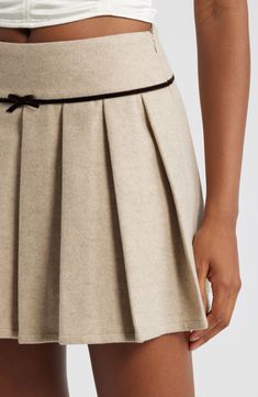 Revive a style from your school days with a kicky pleated miniskirt accented with a contrast trim and a tiny satin bow. 100% polyester Hand wash, line dry Imported Pleated Miniskirt, Fabric Gift Bags, Satin Bow, A Style, Nordstrom Store, Fabric Gifts, Free Fabric, School Days, Contrast Trim