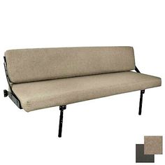 a beige couch with black legs and no arms