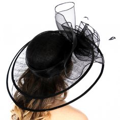 Sinamay Dress Hat Brim 5.5" X Crown Height 4.5" X Crown Diameter 7.5" 100% Sinamay Straw Black Cloche Fascinator For Races, Black Wide Brim Hats For Spring, Chic Black Mini Hats For Church, Black Curved Brim Hat For Kentucky Derby, Black Short Brim Hat For Church, Black Short Brim Boater Hat For Church, Spring Black Cloche Hat With Flat Brim, Black Mini Hats For Church In Spring, Black Flat Brim Cloche Hat For Spring