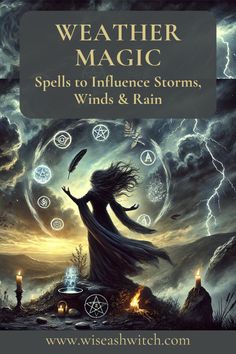 a book cover for weather magic spells to inflence storms, winds and rain