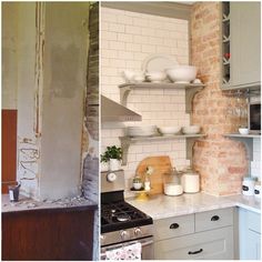 two pictures of the same kitchen in different stages of being remodeled