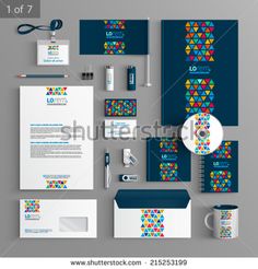 stationery set for corporate company with colorful geometric shapes on the blue and white background