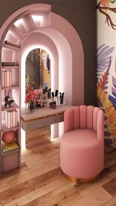 a pink chair sitting in front of a mirror on top of a wooden floor next to a wall