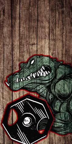 a drawing of a crocodile head on a wooden background with an octagon shaped object in the foreground