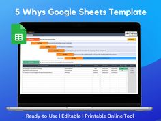 a laptop with google sheets on it and the text 5 whys google sheets template