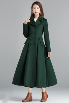 "Vintage inspired but modern wool maxi coat that will keep you warm and stylish this winter, Excellent high-quality winter outwear that don't cost a fortune. DETAIL * Excellent high-quality, medium weight, warm wool fabric * (50% wool, 50% fiber,nylon, etc. ) * Matching satiny lining. * Double breasted, Button closure * Calf length * Fit and flare Silhouette * Two side seam pockets * Fit for autumn-to-winter * A really beautiful coat if you love the vintage look. True craftsmanship. * The skirt Women Wool Coat, Wool Maxi Coat, Fit And Flare Coat, Army Green Coat, Winter Coat Women, Mode Mantel, Hooded Wool Coat, Vintage Ideas, Wool Winter Coat