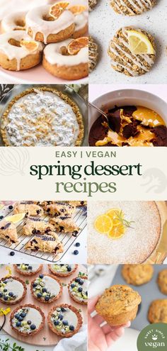 the cover of an easy vegan spring dessert recipe book, with images of cakes and pastries