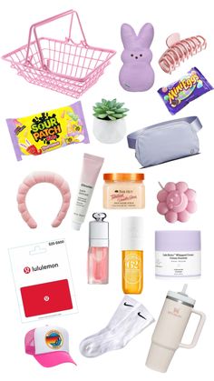 the contents of a pink bag are arranged on a white surface, including cosmetics and other items