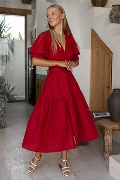 Peony. Red midi dress in organic linen with ruffled gathered sleeves – ELF Linen Belt, Peony Dress, Elf Dress, Visor Hairstyles, Divine Beauty, Knitted Swimsuit, Color Wow, Flattering Dress, Romantic Evening