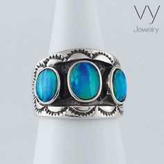 Impressive Handmade Three Blue Opals Women Ring, made of 925 Sterling Silver. FREE SHIPPING / 100% MONEY - BACK GUARANTEE. Online VY Jewelry Shop. Elegant Blue Opal Ring Stamped 925, Blue Sterling Silver Polished Opal Ring, Blue Sterling Silver Opal Ring With Polished Finish, Blue Sterling Silver Fusion Rings, Fusion Style Blue Sterling Silver Rings, Blue Opal Ring With Polished Sterling Silver, Hallmarked Blue Opal Jewelry, Blue Opal Multi-stone Jewelry, Unique Blue Multi-stone Opal Ring