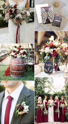 the bride and grooms are posing with their bouquets in front of wine barrels