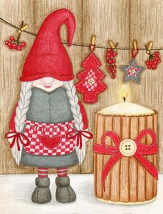 a drawing of a little gnome next to a candle and some christmas decorations on a clothes line