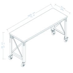 a drawing of a table with wheels on the bottom and one leg up against it