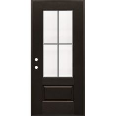 a black door with three panes and two sidelights on the top half of it