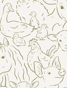 a drawing of farm animals and birds on a white background