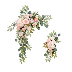 two pink flowers and green leaves on a white background with the letter n in the middle