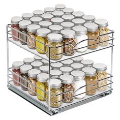 two tiered spice rack holds several jars