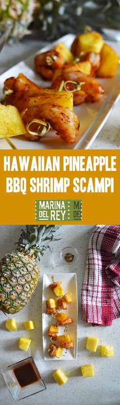 the hawaiian pineapple bbq shrimp scamp is served on a plate with sliced pineapples