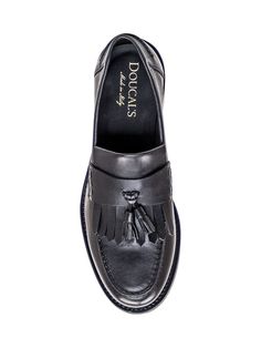 Black leather loafer. Slip-on. Mask with fringe. Golden logo on the inner sole.Composition: Outside:, 100% Leather Lining:, 100% Leather Sole:, 100% Leather Business Slip-on Tassel Loafers With Closed Toe, Black Leather Wingtip Tassel Loafers, Leather Tassel Loafers With Branded Insole, Black Moc Toe Tassel Loafers With Rubber Sole, Black Slip-on Tassel Loafers With Rubber Sole, Black Tassel Loafers With Rubber Sole And Moc Toe, Black Tassel Loafers With Moc Toe And Rubber Sole, Black Tassel Loafers With Rubber Sole, Black Leather Tassel Loafers For Galas