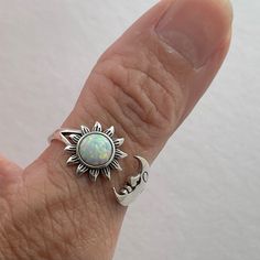 Sterling Silver Sun And Moon White Lab Opal Ring, Sunshine Ring, Celestial Ring, Statement Ring, Opal Ring, Statement Ring, Boho Ring, May Be Worn On Any Finger, As A Midi Ring, Or As A Toe Ring. Polarity. The Sun And Moon Represent Different Things In Different Cultures But The One Thing That Is Common In All Of Them Is Their Polarity. The Sun Symbolizes Firmness, Strength And Power While The Moon Represents Calmness, Beauty, Nurturing. Perfect Gift Idea For Any Occasion: Birthday, Anniversary, White Round Sun And Moon Design Jewelry, Adjustable White Jewelry With Sun And Moon Design, White Rings With Sun And Moon Design As Gift, White Bohemian Jewelry With Sun And Moon Design, Adjustable White Opal Open Ring, Bohemian White Jewelry With Sun And Moon Design, Adjustable White Sun And Moon Jewelry, Adjustable White Symbolic Rings, Adjustable Sun And Moon Design Jewelry For Promise Ring