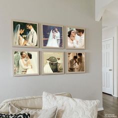 a living room filled with furniture and pictures on the wall next to a white couch