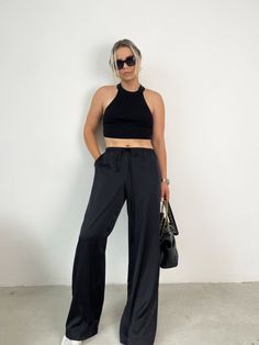 high waisted wide leg silk trousers in black, silk trousers, silk pants, black silk pants, plus size silk pants Chic Black Silk Bottoms, Black Silk Wide-leg Pants, Silk Wide Leg Pants For Night Out, Black Silk Pants For Night Out, Black Silk Wide Leg Bottoms, Black Satin Wide-leg Pants, Black High Waist Satin Pants, Black Satin Wide Leg Bottoms, Black Satin High Waist Pants