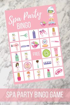 a pink and white printable spa party game with the words spa party bingo on it