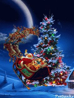 a santa claus sleigh in the sky with his reindeer and christmas tree behind him