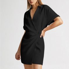 Commense Escapism Wrap Dress Black Short Sleeve Collared Casual Mini Wrap Dress, Black, Size Xs, Brand New, Tags Still On Black Short Sleeve Mini Dress For Office, Black Solid Color Mini Dress For Work, Black Mini Dress With Short Sleeves For Office, Black Mini Dress For Office In Summer, Pink Tube Dress, Pleated Halter Dress, Feather Print Dress, Wrap Dress Black, Wrap Shirt Dress