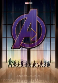 the avengers logo is displayed in front of an image of people walking through a building