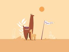 two llamas are standing next to a sign in the desert, one is holding a flag