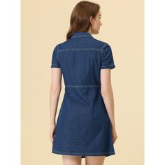 In easy denim, this elegant jean dress is a perfect summer essential. With short sleeves, a point collar, and a chest pocket design, this is a fashion-charming piece for your wardrobe. A stylish half-placket denim dress with a well-cut is meant to be worn every day. You can pair it with your favorite high heels, sandals, or plimsolls for a casual look. Denim Blue Short Sleeve Dresses With Pockets, Blue Short Sleeve Denim Dress With Pockets, Blue Denim Short Sleeve Dress With Pockets, Blue Denim Dress With Pockets And Short Sleeves, Medium Wash Short Sleeve Denim Dress, Collared Denim Dress For Summer Workwear, Fitted Short Sleeve Denim Dress, Short Sleeve Denim Dress With Pockets, Spring Short Sleeve Denim Dress With Button Closure