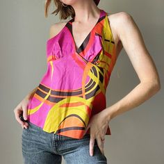 Nwt Vintage Y2k Trina Turk Funky Abstract Colorful Halter Top Pink Yellow Colorful Printed Size On Tag: 12 Model (Me) Is A Size S/26/4 And 5’6” For Reference Condition: Great Preowned Condition. Normal Wear. No Flaws. Always Open To Offers Bundle To Save Reach Out If You Have Any Q’s Follow Along Basicposhbabe On Social Media Ily Already Fitted Summer Tops With Retro Print, Retro Summer Tops With Vibrant Print, Fitted Multicolor Retro Print Tops, Fitted Multicolor Tops With Retro Print, Retro Pink Top With Retro Print, Pink Retro V-neck Tops, Retro Pink V-neck Top, Pink Cotton Top With Retro Print, Pink Cotton Tops With Retro Print