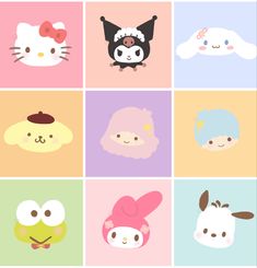 hello kitty and other cute animals are in the same square pattern on this colorful background