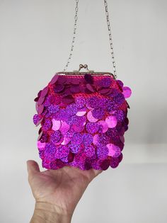 Sequin Embellished Crochet Purse Bag Cross body, Fuchsia Pink Crochet Bag, Handmade Bags, Chain Strap Bag, Pink Crossbody Evening Bag As Gift, Pink Mobile Phone Evening Pouch Bag, Handmade Pink Crossbody Bag, Pink Sequined Party Bags, Handmade Purple Clutch Shoulder Bag, Handmade Purple Shoulder Bag For Party, Sequin Clutch Bag For Gift, Pink Crochet Pouch Bag, Handmade Pink Evening Bag For Party