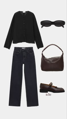 Black Outfit With Brown Bag, Brown Bag Black Outfit, Black Outfit Brown Bag, Brown Bag Outfit Aesthetic, Black Bag Outfit Casual, Black Jeans Inspo Outfit, Brown Bag Outfit Ideas, Outfits With Black Jeans Aesthetic, Outfit With Black Cardigan