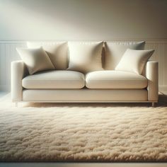 a white couch sitting on top of a carpet covered floor