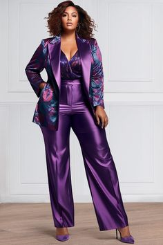 Xpluswear Plus Size Womens Pants Suit, Plus Size Party, Evening Wear Plus Size, Cocktail Attire Plus Size Women, Winter Wedding Guest Outfit Plus Size, Plus Size Glam Outfits, Purple Outfits Black Women, Plus Size Colorful Outfits, Size 14/16 Outfits