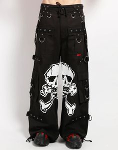 Accept no imitations! From the originator of all things DarkStreet, these black 'bad to the bones' pants feature removable straps, adjustable ankles, D-rings, and deep pockets with printed skull graphics inbetween the legs. WOMAN IS WEARING X-SMALLMAN IS WEARING MEDIUMSIZING BASED ON MENS FIT– Refer to Unisex Darkstreet Pant - Size Chart (Based on Men's Sizing)– Drawstring and adjustable waist buckles allow for a tighter fit on the waist– 100% Cotton.– Hand wash cold. Lay flat to dry. Emo Pants Men, Skull Pant, Cargo Pants With Chain, Trip Pants, Skull Outfit, Emo Pants, Scene Pants, Scene Clothing, Vampire Freaks