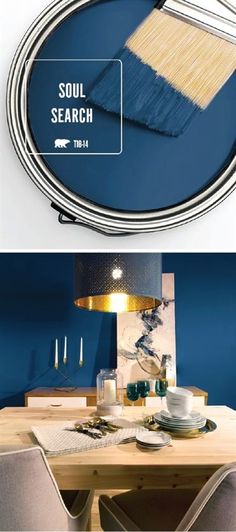 two pictures showing the same blue paint color as well as different furniture and decor items