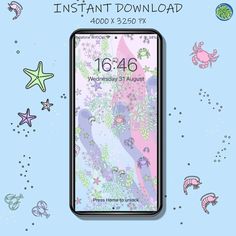 an iphone with mermaids and starfish on it, next to the phone screen