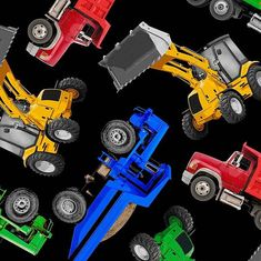 a black background with colorful toy trucks and construction equipment on top of each other in rows